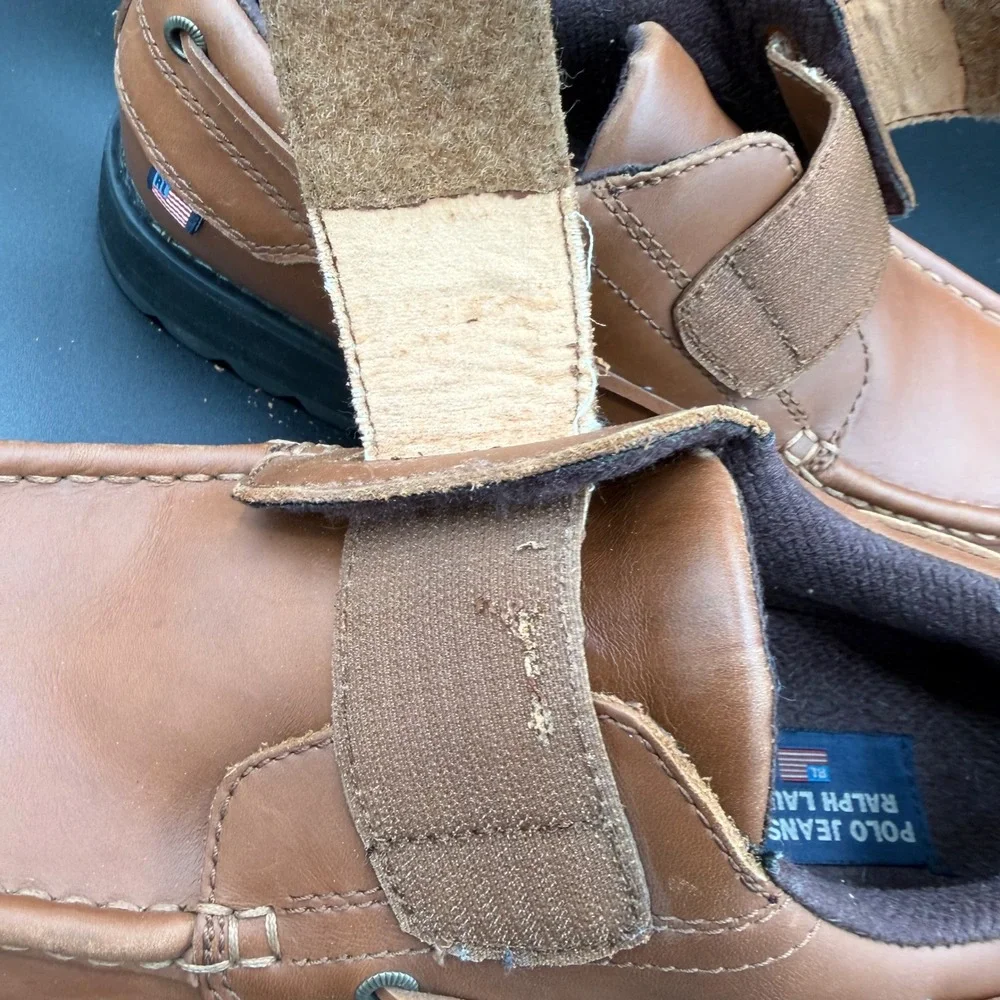Polo Jeans Co Ralph Lauren Mens 11D Tan Leather Boat Shoes Hook Loop Strap